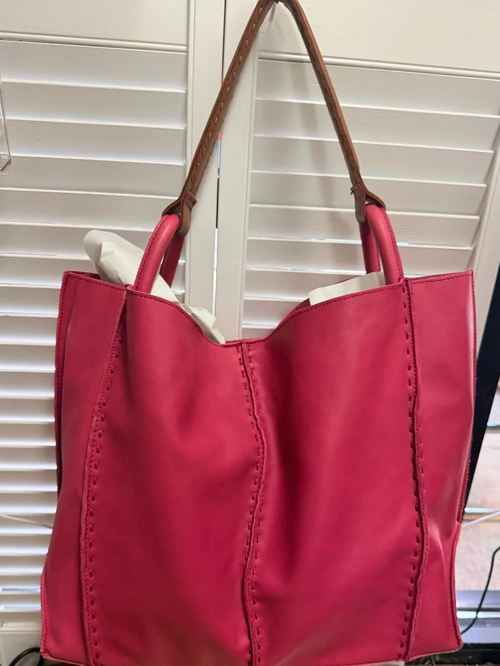 The Sak Pink Leather Tote with Tan Shoulder Straps